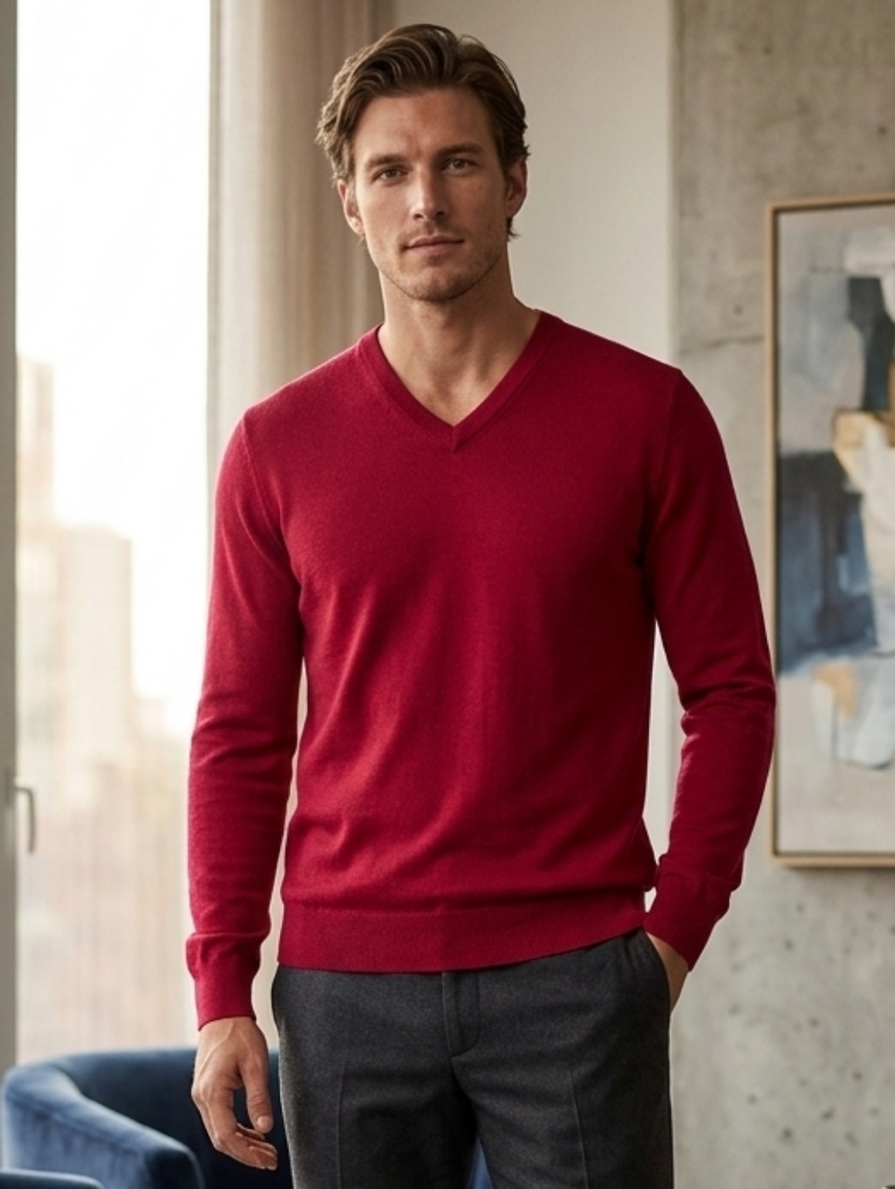 Calvin Klein Men's Quiet Luxury Red Merino Wool Knit Sweater Size Small